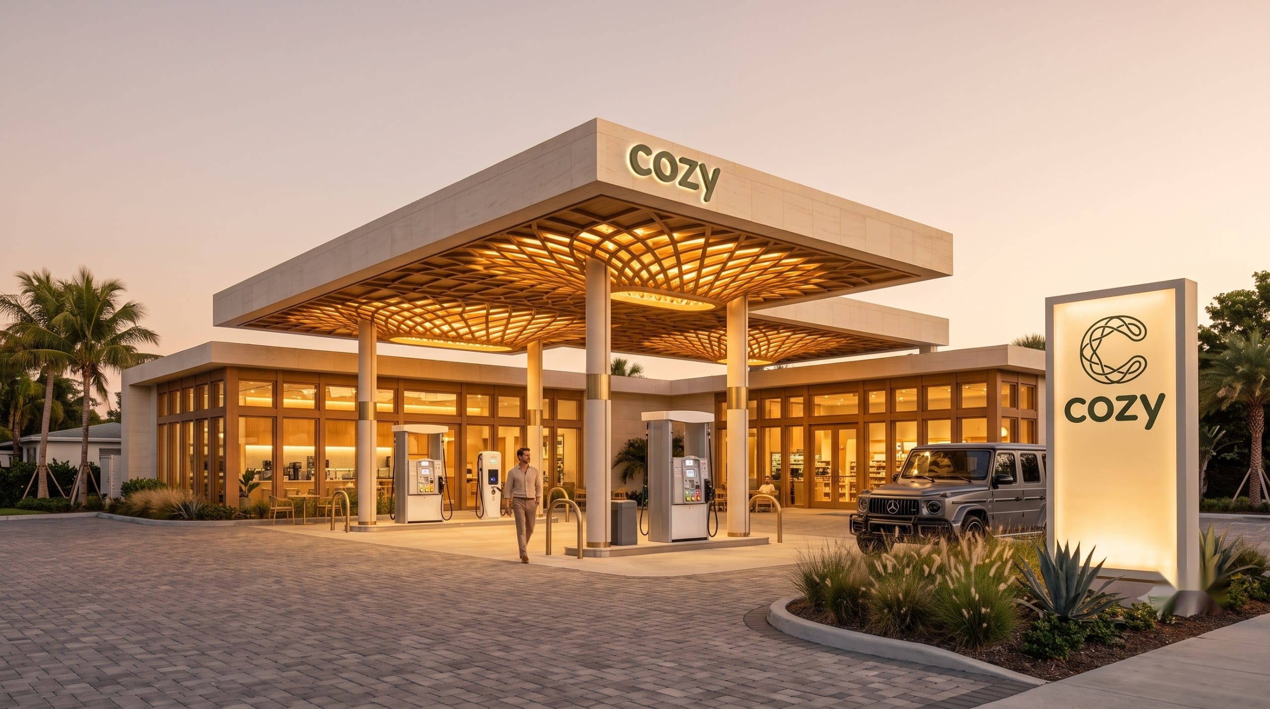 A Cozy Energy station glowing at dusk