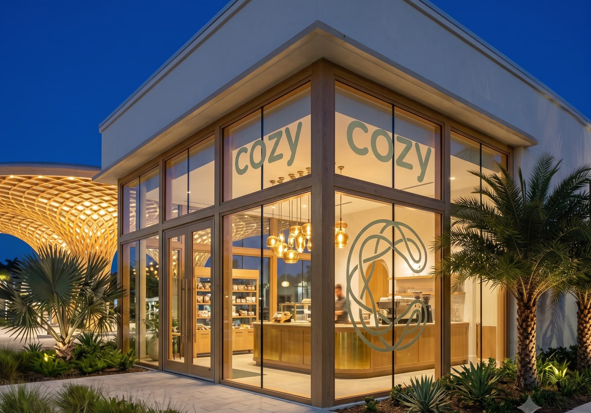 The Cozy Energy café-market storefront glowing at dusk