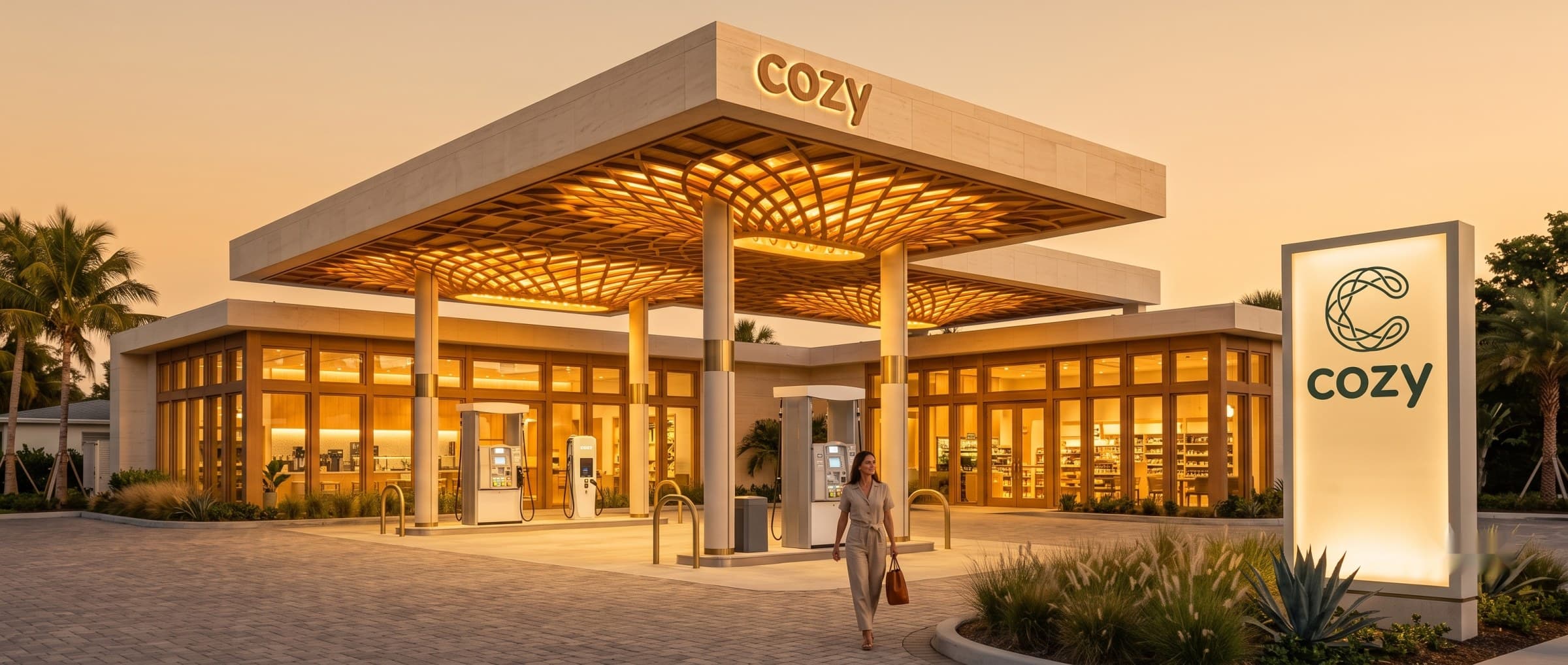 A Cozy Energy station glowing at golden hour as a guest walks in